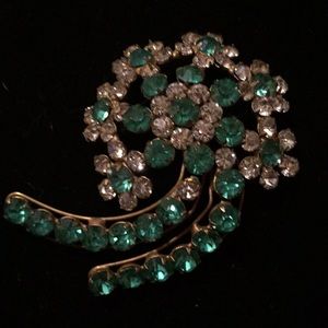 Vintage Large Green and Clear Rhinestone Brooch